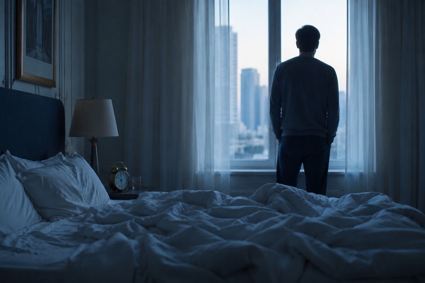 An early-morning bedroom in pale light with an old alarm clock, quiet exhaustion