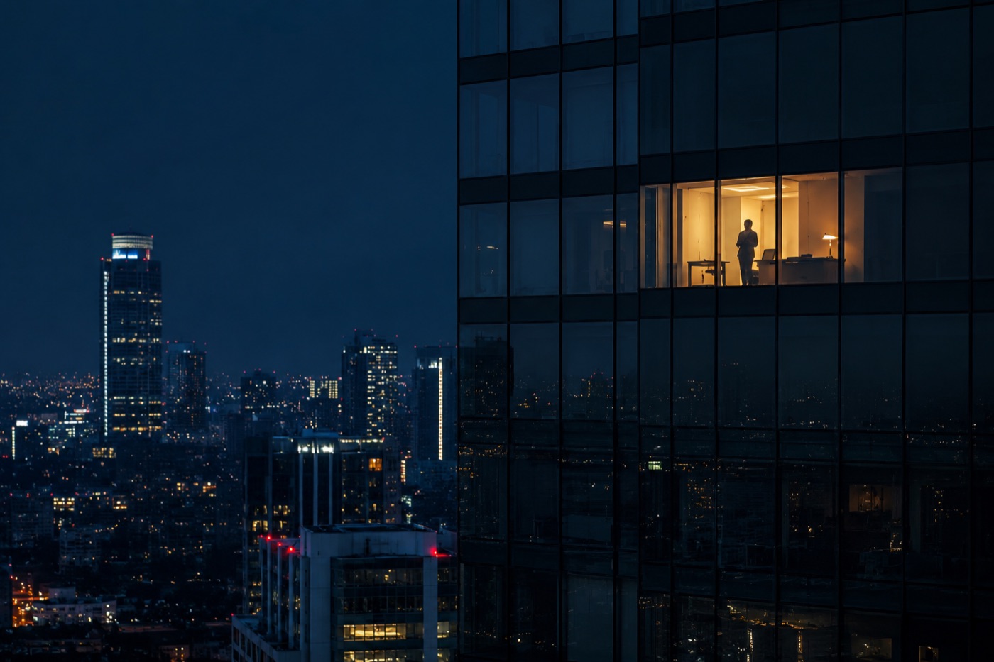 A single office window glowing at 2am in a dark city skyline