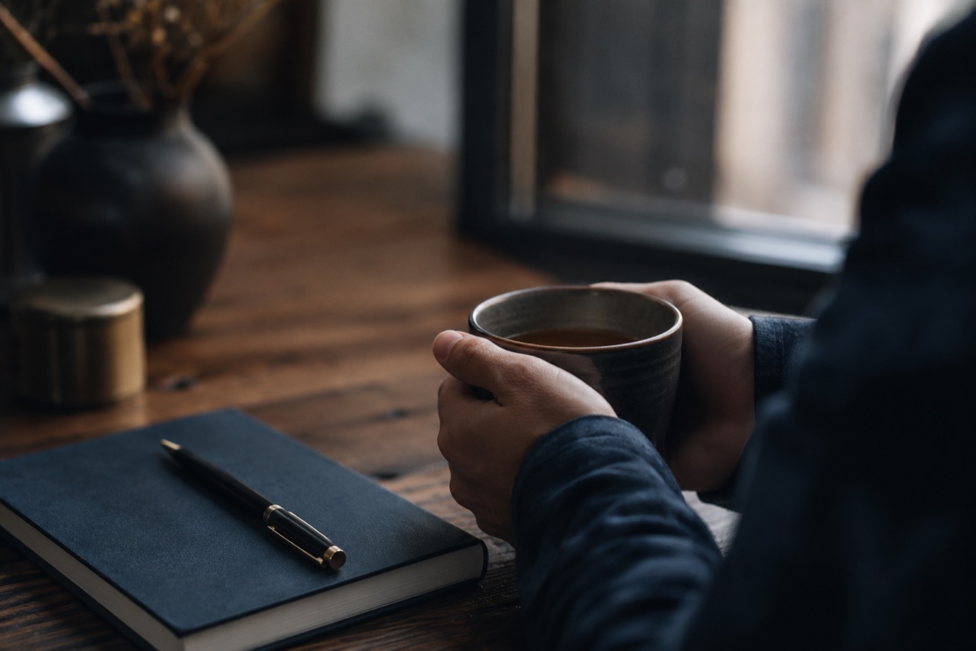 Hands holding a warm cup of tea beside a notebook, a reflective pause