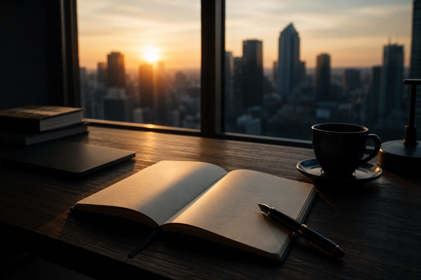 A quiet desk at dawn with an open notebook and a cup of coffee