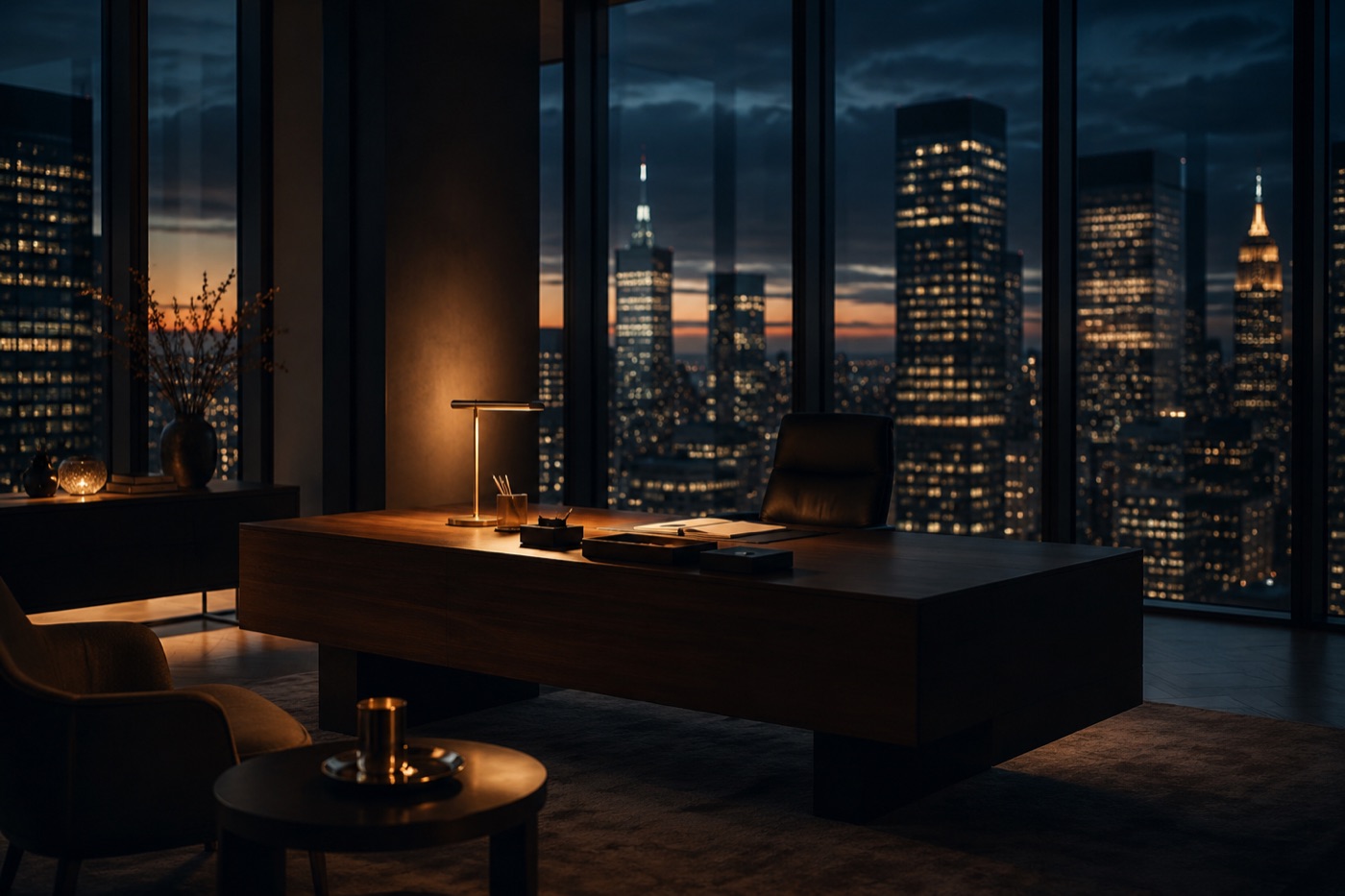 An empty corner office at night with city lights beyond the windows