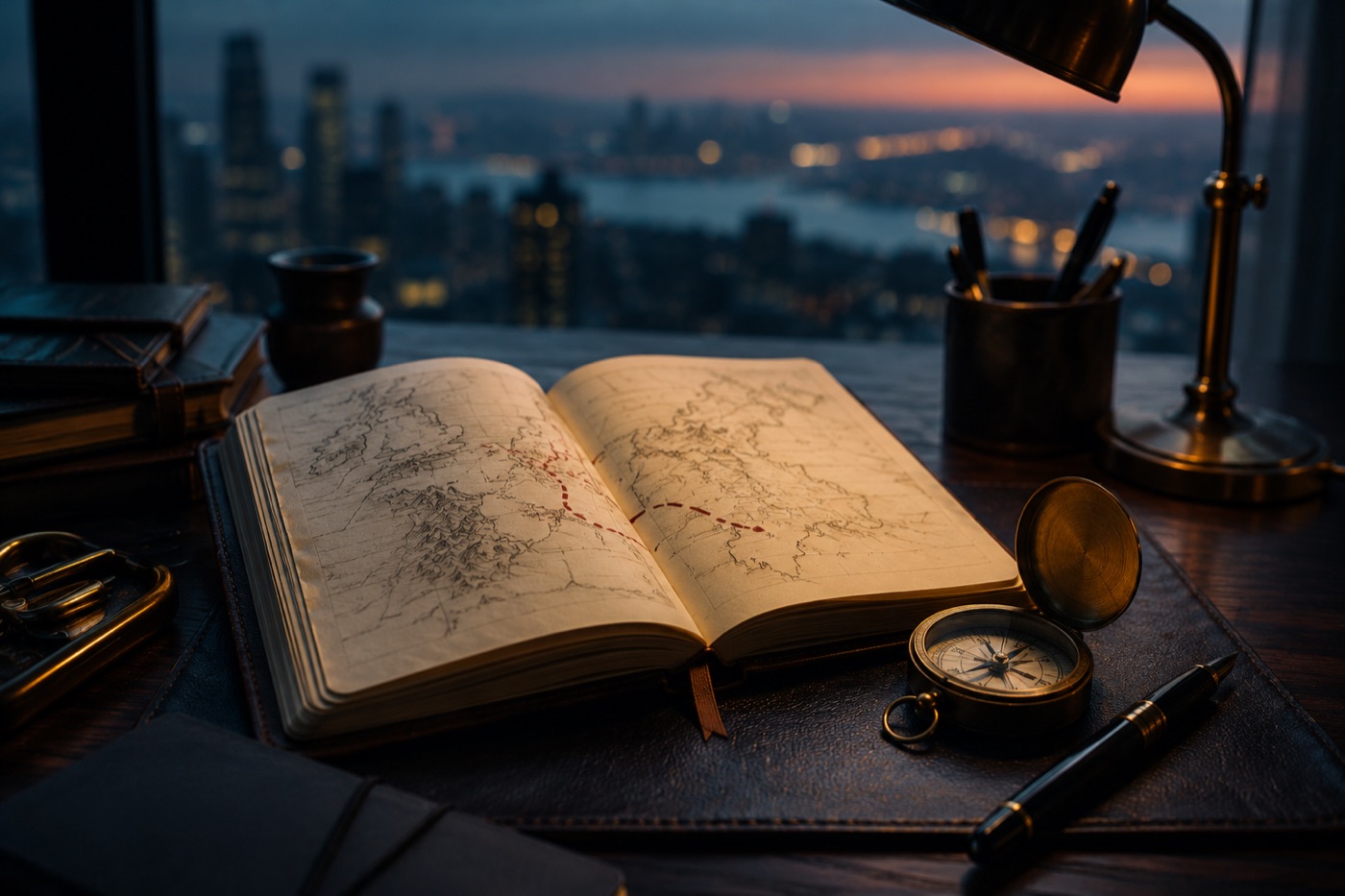 An open journal with a route sketched on a map and a brass compass, planning a way out