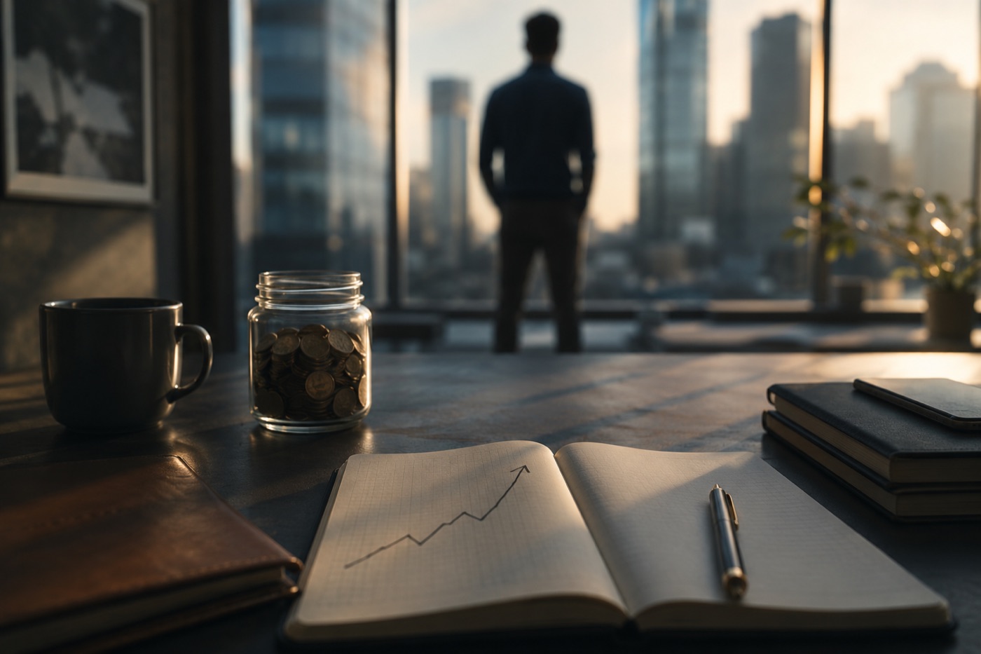 A minimalist desk in morning light with a notebook and a small savings jar