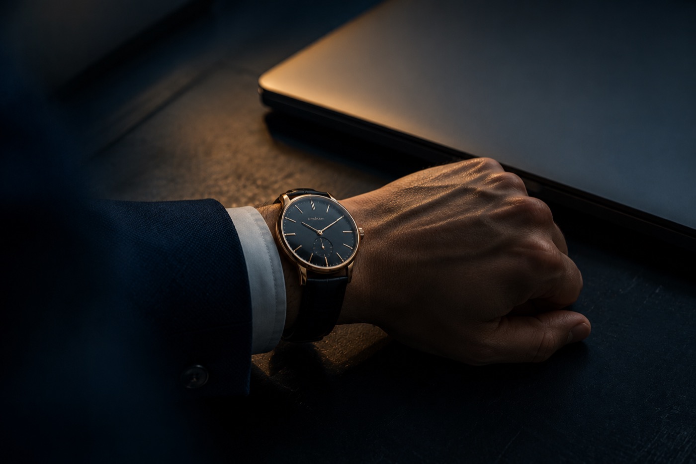 A luxury watch on a wrist resting on a dark desk, evoking golden handcuffs