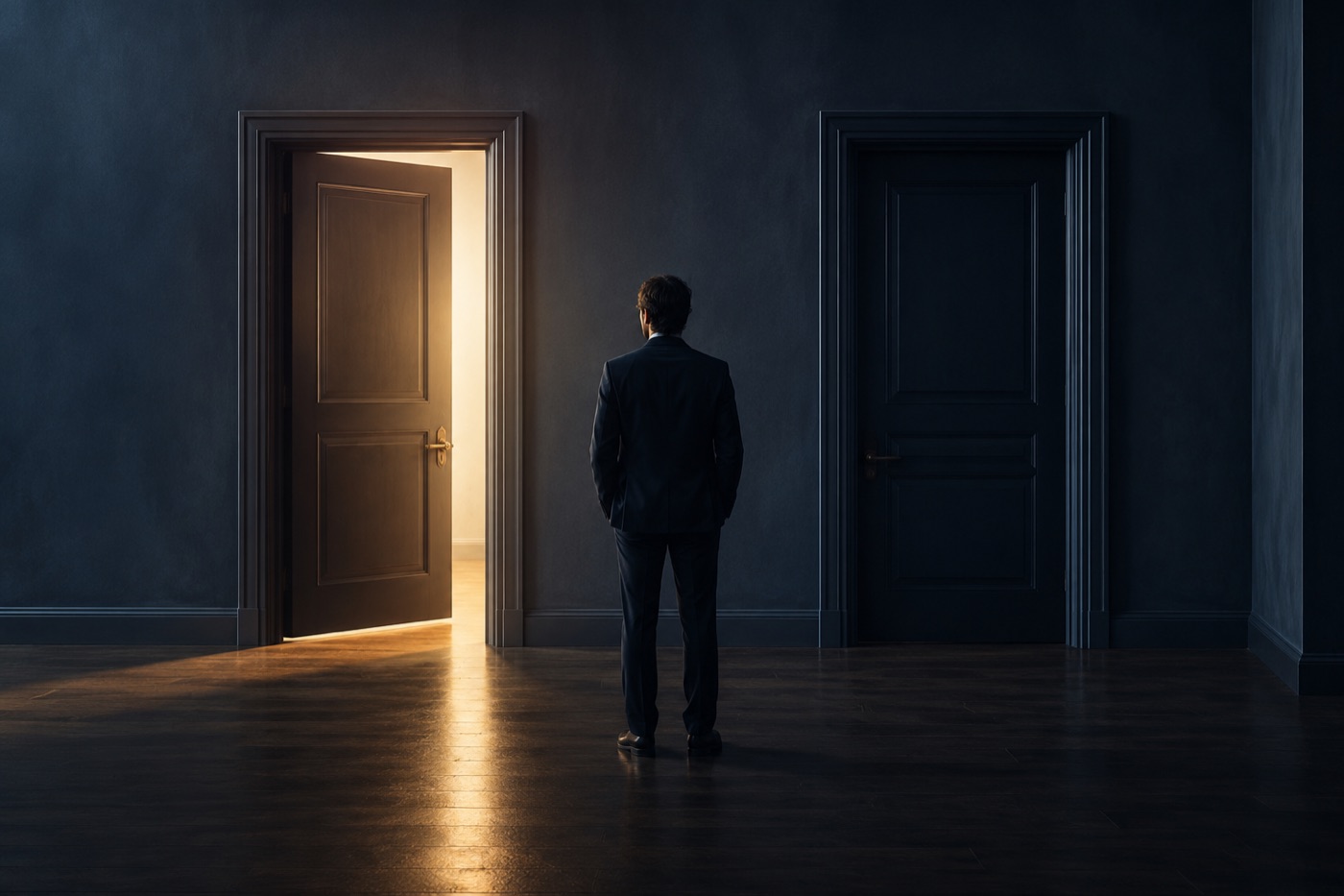 A dim hallway with two doors, one edged in warm light, the sense of a choice