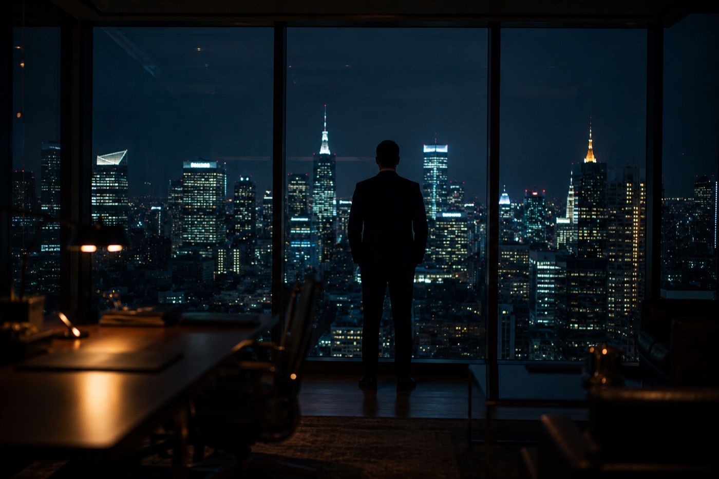 A lone figure looking out over a financial district skyline at night