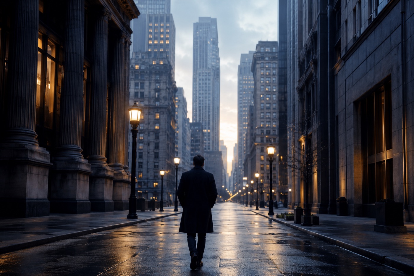 A lone figure walking with purpose down an empty financial-district street at dawn