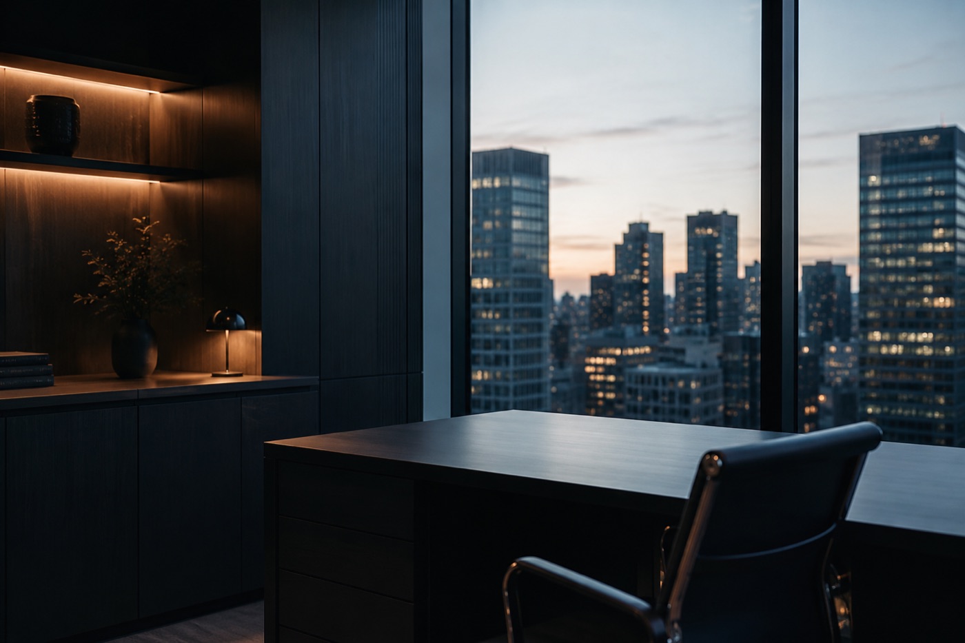 An empty office desk at end of day, chair pushed in, city light through the window