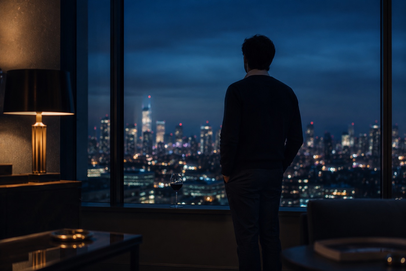 A person from behind in a modern apartment at night, city lights below, quietly empty