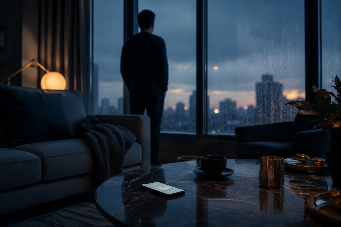 A Sunday-evening living room in low lamplight with rain on the dark window