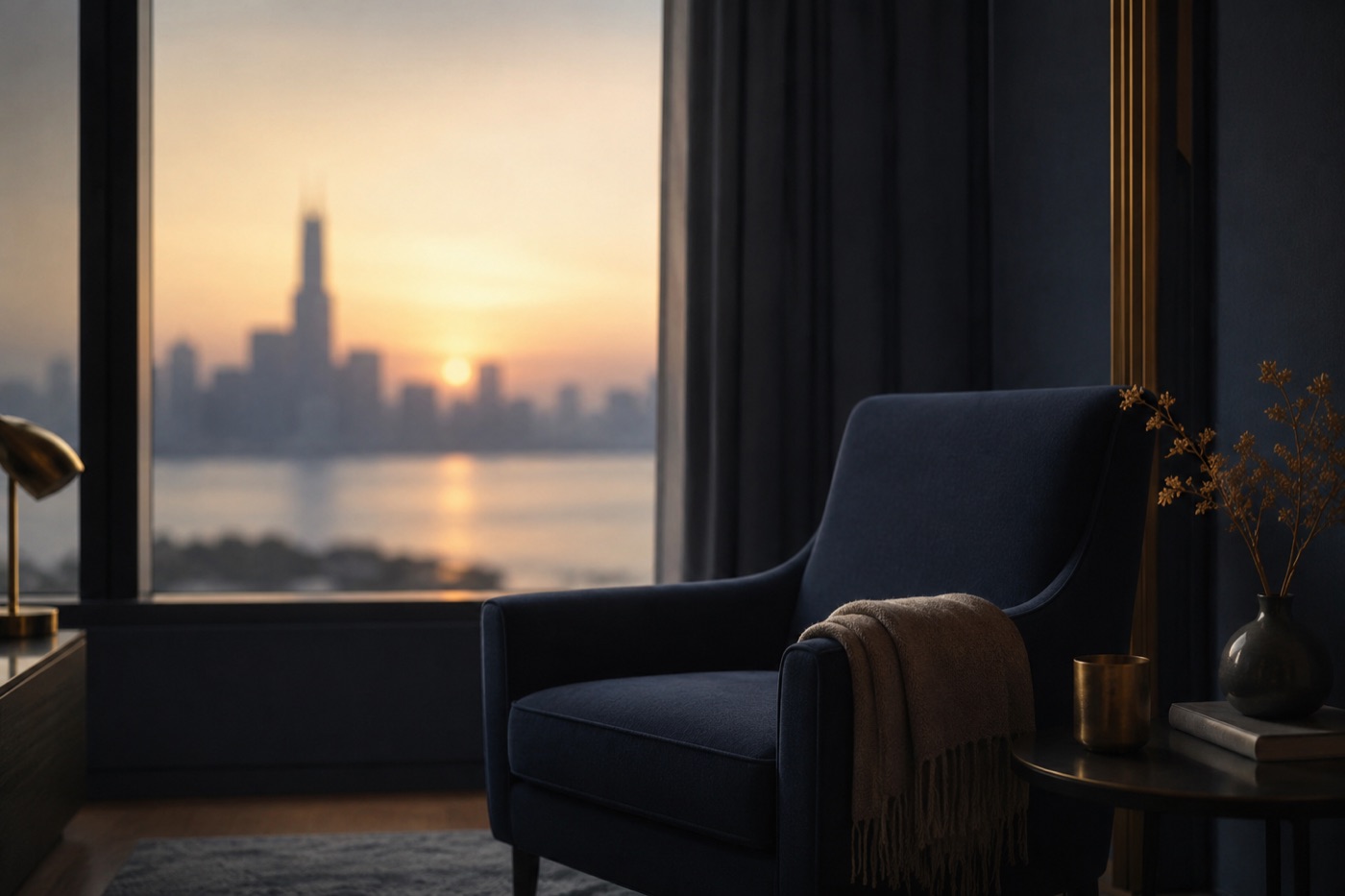 Soft dawn light on an empty armchair by a window, calm and still