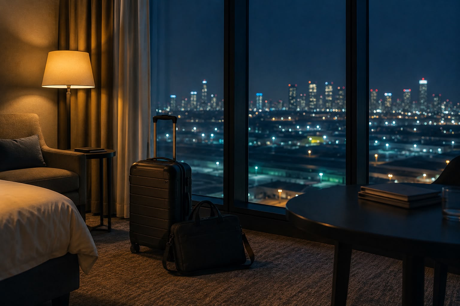 A hotel room at night, living out of a suitcase