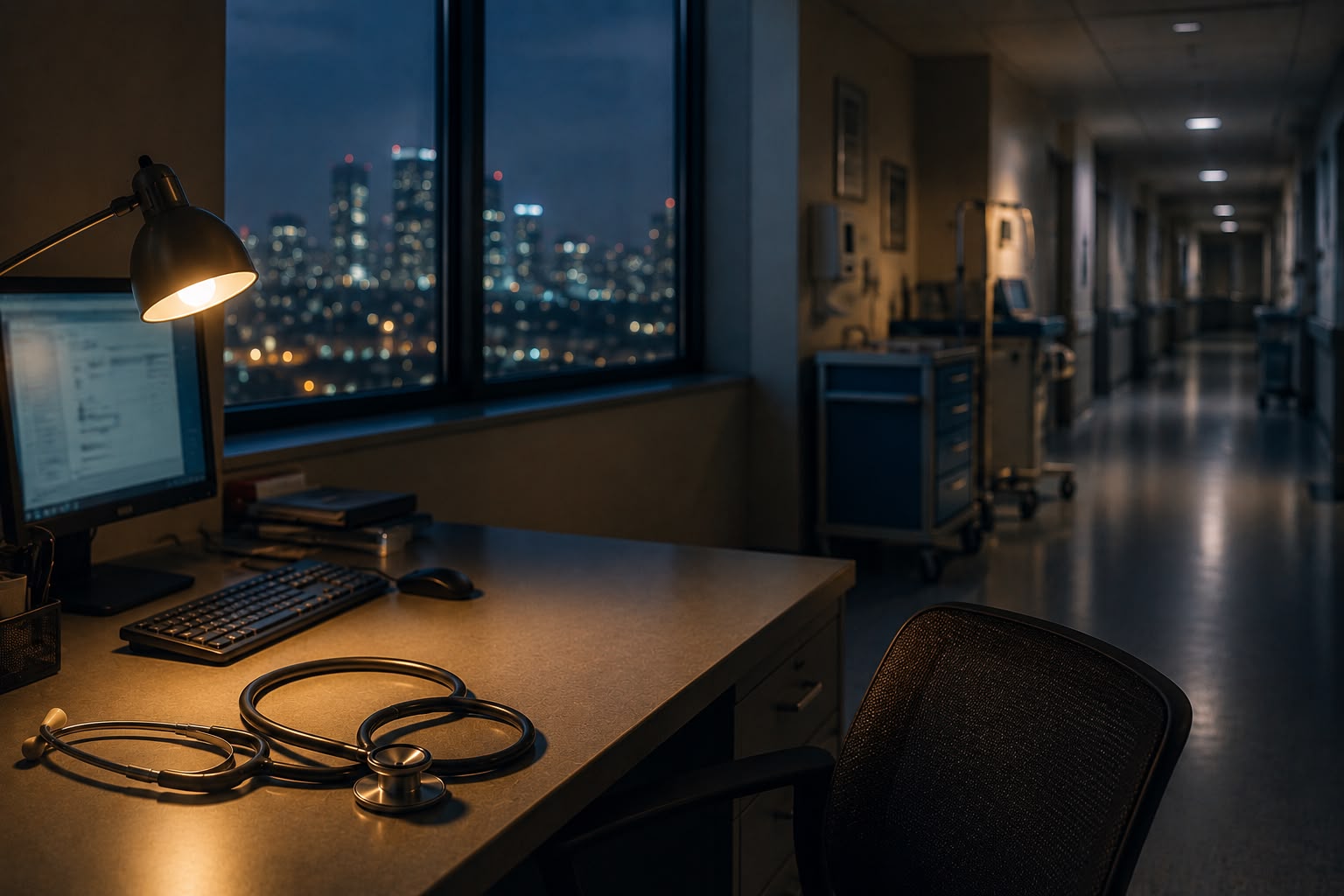 A doctor's desk at night