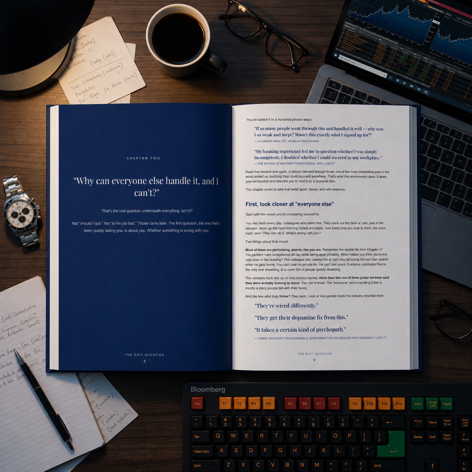 The Decision - Finance Edition open on an investment banker's desk beside a Bloomberg keyboard, showing the Chapter Two pages