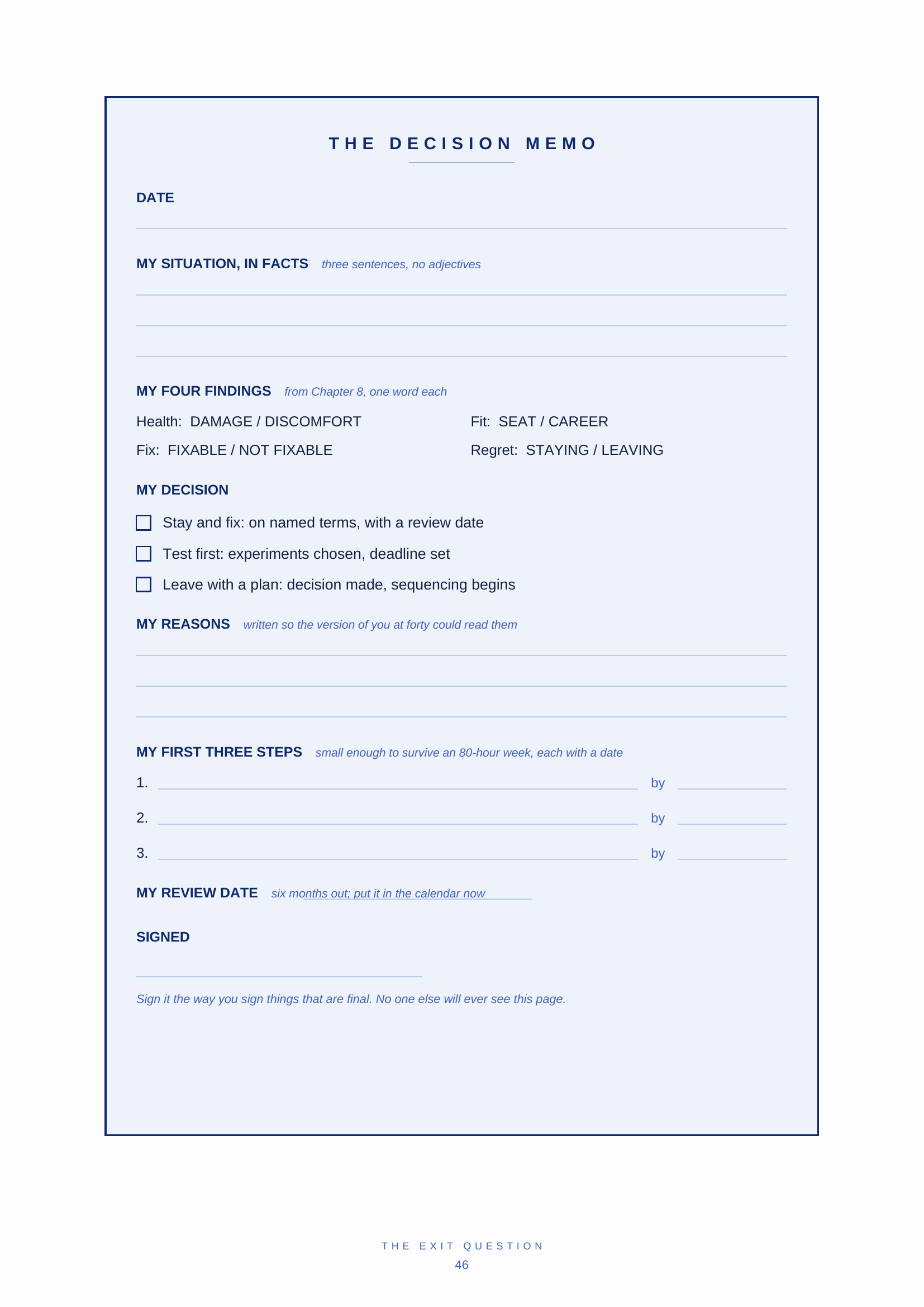 The fillable Decision Memo, a one-page template you complete yourself